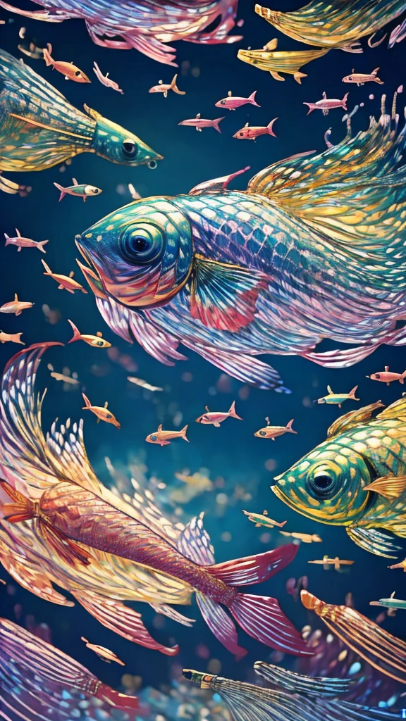 Fish swimming in the rainbow sea,colorful,Beautiful fish,Various kinds of fish、wonderful景色,Utopia,An atmosphere full of dreams and hope,masterpiece.16K, Ultra-high resolution, Ultra-high resolution, to be born,wonderful ,future、Iridescent、The world 30 years from now。