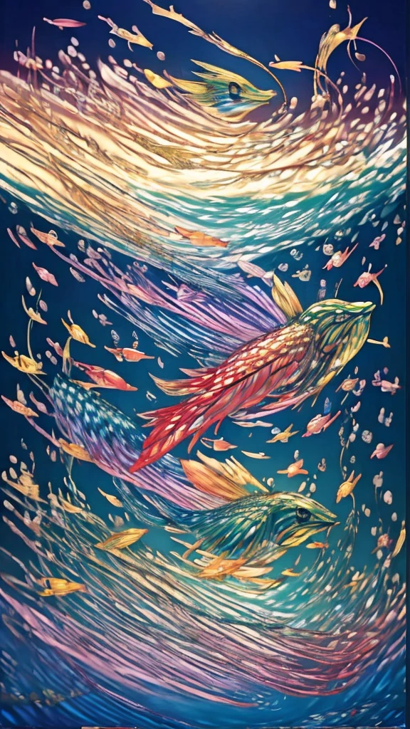 Fish swimming in the rainbow sea,colorful,Beautiful fish,Various kinds of fish、wonderful景色,Utopia,An atmosphere full of dreams and hope,masterpiece.16K, Ultra-high resolution, Ultra-high resolution, to be born,wonderful ,future、Iridescent、The world 30 years from now。