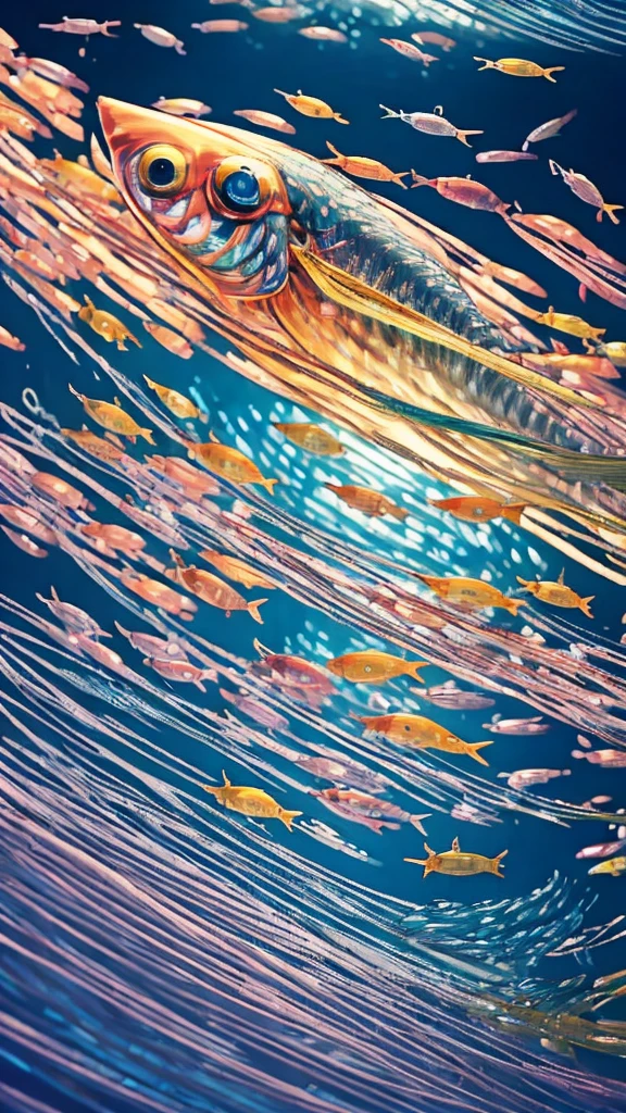 Fish swimming in the rainbow sea，colorful，Beautiful fish，Various kinds of fish、wonderful景色，Utopia，An atmosphere full of dreams and hope，masterpiece．16K, Ultra-high resolution, Ultra-high resolution, to be born,wonderful ,future、Iridescent、The world 30 years from now。