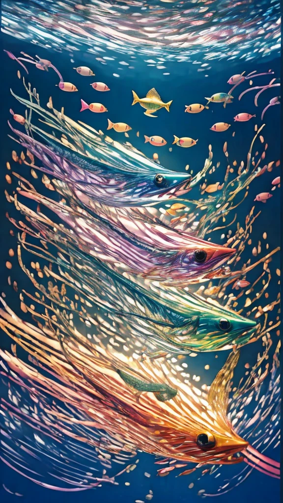 Fish swimming in the rainbow sea,colorful,Beautiful fish,Various kinds of fish、wonderful景色,Utopia,An atmosphere full of dreams and hope,masterpiece.16K, Ultra-high resolution, Ultra-high resolution, to be born,wonderful ,future、Iridescent、The world 30 years from now。