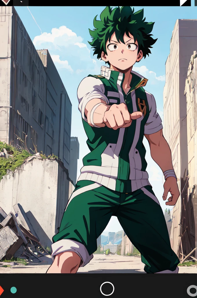 (Highest quality, masterpiece, RAW Photos,Very detailed:1.2),A look of determination、My Hero Academia,Izuku Midoriya、alone,View your viewers,ruins、Aggressive pose