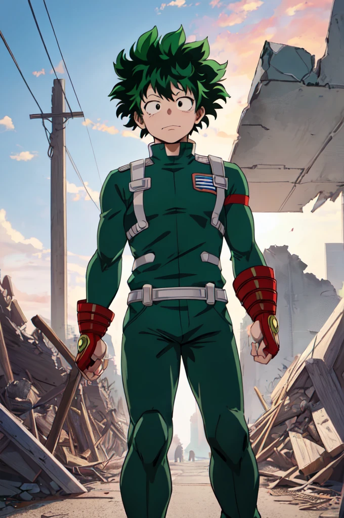 (Highest quality, masterpiece, RAW Photos,Very detailed:1.2),A look of determination、My Hero Academia,Izuku Midoriya、alone,View your viewers,ruins、Aggressive pose