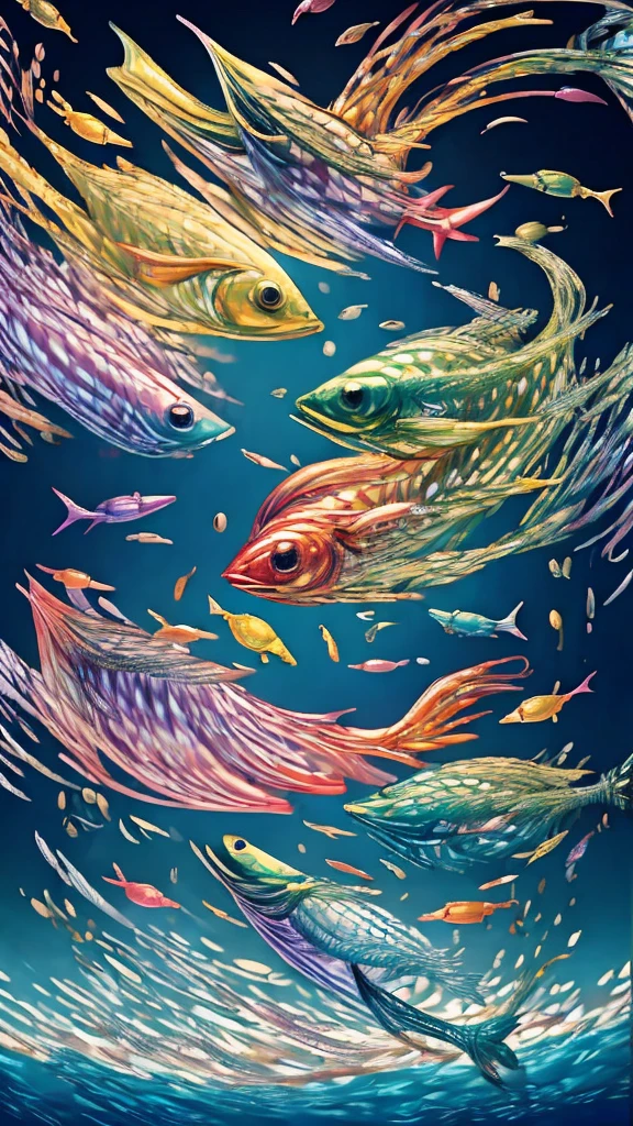 Fish swimming in the rainbow sea,colorful,Beautiful fish,Various kinds of fish、wonderful景色,Utopia,An atmosphere full of dreams and hope,masterpiece.16K, Ultra-high resolution, Ultra-high resolution, to be born,wonderful ,future、Iridescent、The world 30 years from now。
