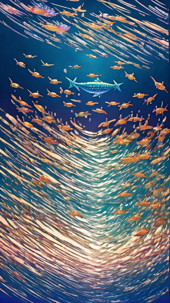 Fish swimming in the rainbow sea,colorful,Beautiful fish,Various kinds of fish、wonderful景色,Utopia,An atmosphere full of dreams and hope,masterpiece.16K, Ultra-high resolution, Ultra-high resolution, to be born,wonderful ,future、Iridescent、The world 30 years from now。