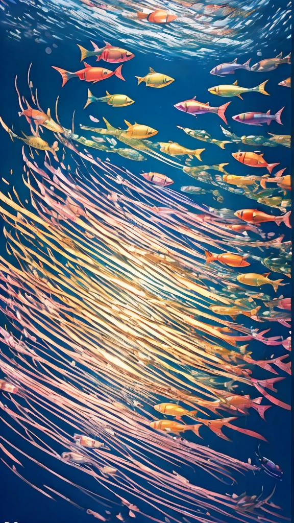 Fish swimming in the rainbow sea,colorful,Beautiful fish,Various kinds of fish、wonderful景色,Utopia,An atmosphere full of dreams and hope,masterpiece.16K, Ultra-high resolution, Ultra-high resolution, to be born,wonderful ,future、Iridescent、The world 30 years from now。