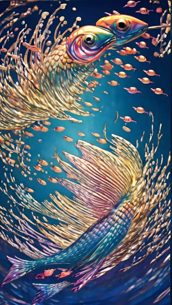 Fish swimming in the rainbow sea,colorful,Beautiful fish,Various kinds of fish、wonderful景色,Utopia,An atmosphere full of dreams and hope,masterpiece.16K, Ultra-high resolution, Ultra-high resolution, to be born,wonderful ,future、Iridescent、The world 30 years from now。