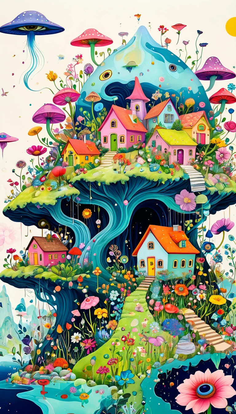 Intense visual fusion of various elements,broto,microorganism、plantar、Houses in the shape of flowers、Eye、wild animal life,Stitching an abstract painting,Describing the inner world of autistic people,Sense of space,blank space,interesting,innocence,psychedelic art,Elegant and soft color scheme