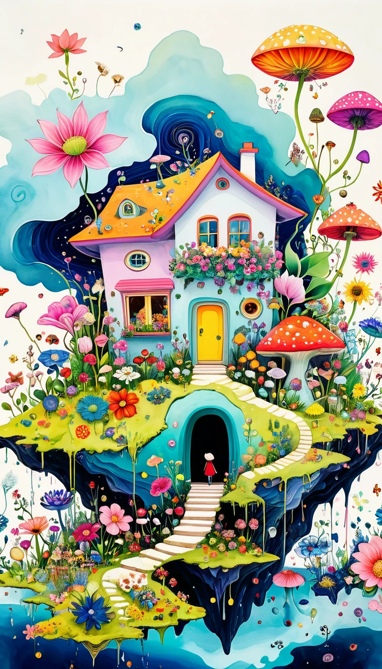 Intense visual fusion of various elements,broto,microorganism、plantar、Houses in the shape of flowers、Eye、wild animal life,Stitching an abstract painting,Describing the inner world of autistic people,Sense of space,blank space,interesting,innocence,psychedelic art,Elegant and soft color scheme