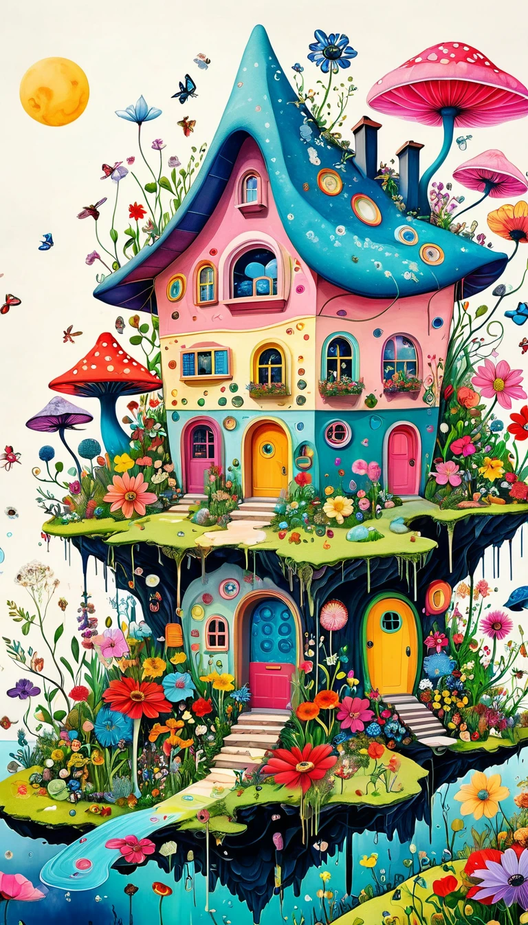 Intense visual fusion of various elements，broto，microorganism、plantar、Houses in the shape of flowers、Eye、wild animal life，Stitching an abstract painting，Describing the inner world of autistic people，Sense of space，blank space，interesting，innocence，psychedelic art，Elegant and soft color scheme
