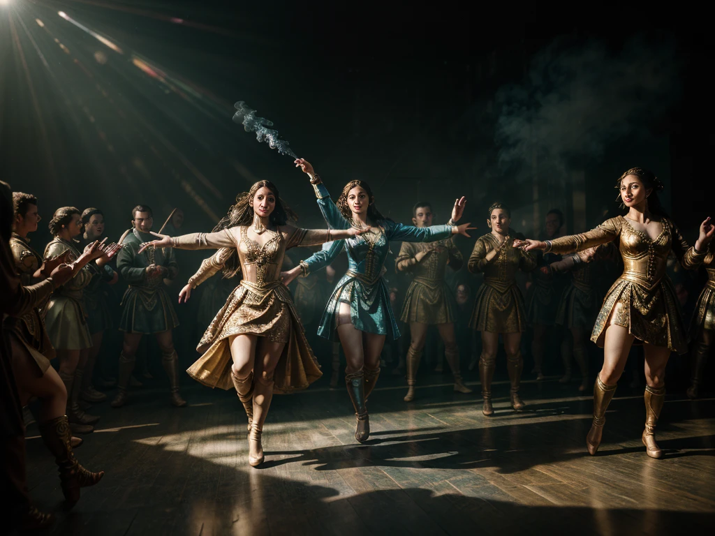 8k, elegant, majestic, digital photography, ((masterpiece)), sidelighting, hdr,  vibrant abstraction of a medieval festival, dynamic dancers twirl amidst a sea of vivid, (highly detailed face:1.5), swirling hues, evoking joy and movement. Realistic hands. [The character is surrounded by mist, evoking a mysterious and eerie atmosphere. The lighting is dark and atmospheric, with smoke adding a touch of sinister ambiance. Best quality image, HDR enhancement, showcasing the utmost level of detail and realism, full body shot:1.5]. [8K, Best Quality, Ultra High Resolution, (highly detailed CG unity 8k wallpaper), (best photo), (best shadows), isometric 3D, octane rendering, ray tracing, highly detailed, (Best quality, 4K, 8k:1.2), absurdity, ultra detailed, (realistic, photorealistic, photorealistic:1.37), complex parts, HDR, (complex parts:1.12), (hyper detailed, hyper realistic, Soft lighting, spicy:1.2), (complex parts, Hyper detailed:1.15). Blurred foreground. (backlit), masterpiece, high quality, brightness, chromatic aberration, foggy smoke, shadows, contrast, clear sky, (warm hue, warm tone), high details, natural reflections]. (YES SFW)