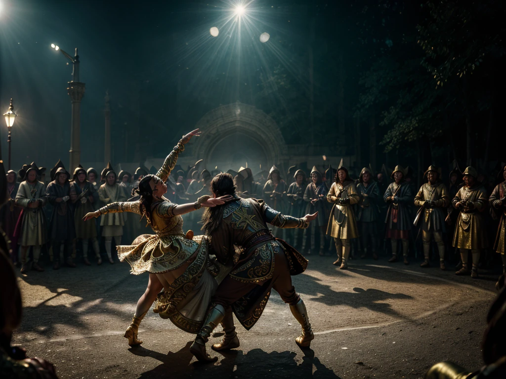 8k, elegant, majestic, digital photography, ((masterpiece)), sidelighting, hdr,  vibrant abstraction of a medieval festival, dynamic dancers twirl amidst a sea of vivid, (highly detailed face:1.5), swirling hues, evoking joy and movement. Realistic hands. [The character is surrounded by mist, evoking a mysterious and eerie atmosphere. The lighting is dark and atmospheric, with smoke adding a touch of sinister ambiance. Best quality image, HDR enhancement, showcasing the utmost level of detail and realism, full body shot:1.5]. [8K, Best Quality, Ultra High Resolution, (highly detailed CG unity 8k wallpaper), (best photo), (best shadows), isometric 3D, octane rendering, ray tracing, highly detailed, (Best quality, 4K, 8k:1.2), absurdity, ultra detailed, (realistic, photorealistic, photorealistic:1.37), complex parts, HDR, (complex parts:1.12), (hyper detailed, hyper realistic, Soft lighting, spicy:1.2), (complex parts, Hyper detailed:1.15). Blurred foreground. (backlit), masterpiece, high quality, brightness, chromatic aberration, foggy smoke, shadows, contrast, clear sky, (warm hue, warm tone), high details, natural reflections]. (YES SFW)