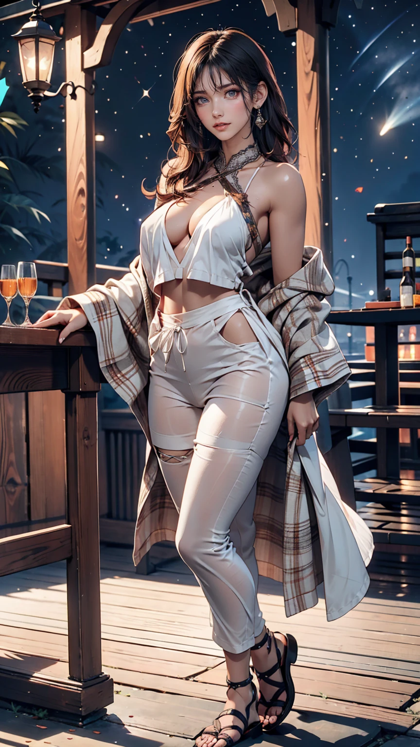 masterpiece, Beautiful Goddess of the Void, Full body white transparent clothing standing under the stars at night in the sky, Disappearing Transparent Pants, Full body standing, Tall figures, Thin legs, Facial details, Body parts details, 8k wallpaper、24-year-old female、Sexy proportions、Sexy、Textured skin((textured skin))、Narrow waist、Long eyelashes、bottomless、topless、Lace-up sandals、smile