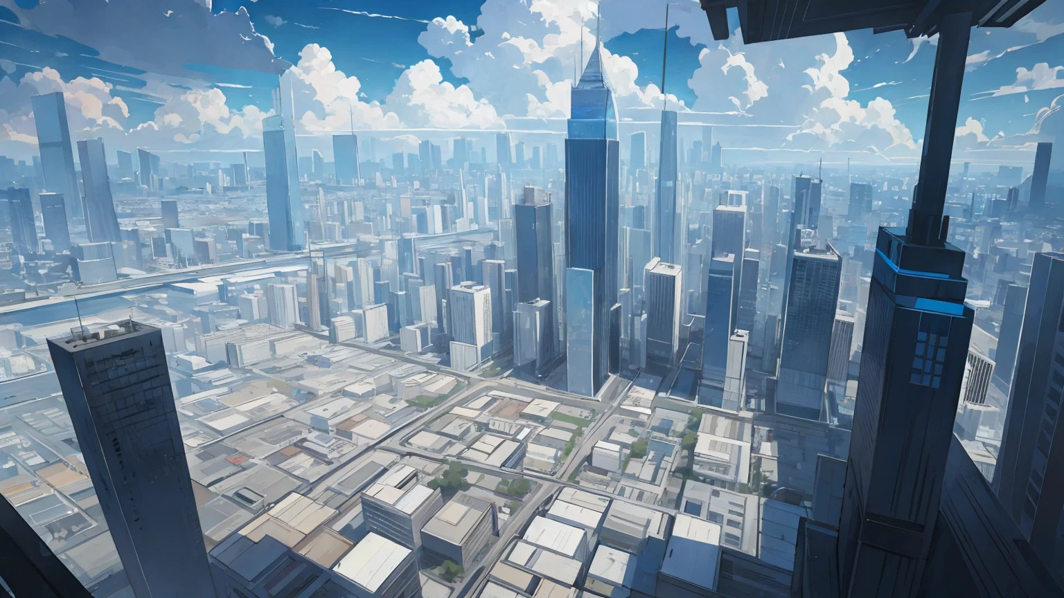 empty chaotic city, beautiful design, blue and gray sky, cloudy sky