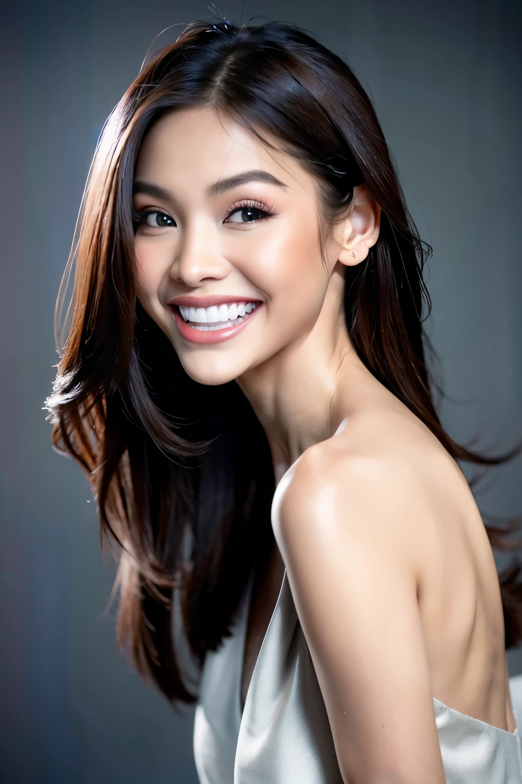 1girl, long hair, white dress, grin, teeth, (isolated on dark-grey background:1.2), standing, from front, (soft lighting:1.2), shot on Canon EOS 5D, best quality, ultra high res, (photorealistic:1.4), masterpiece, real life skin, hyper real, perspective, detailed beautiful eyes and detailed face