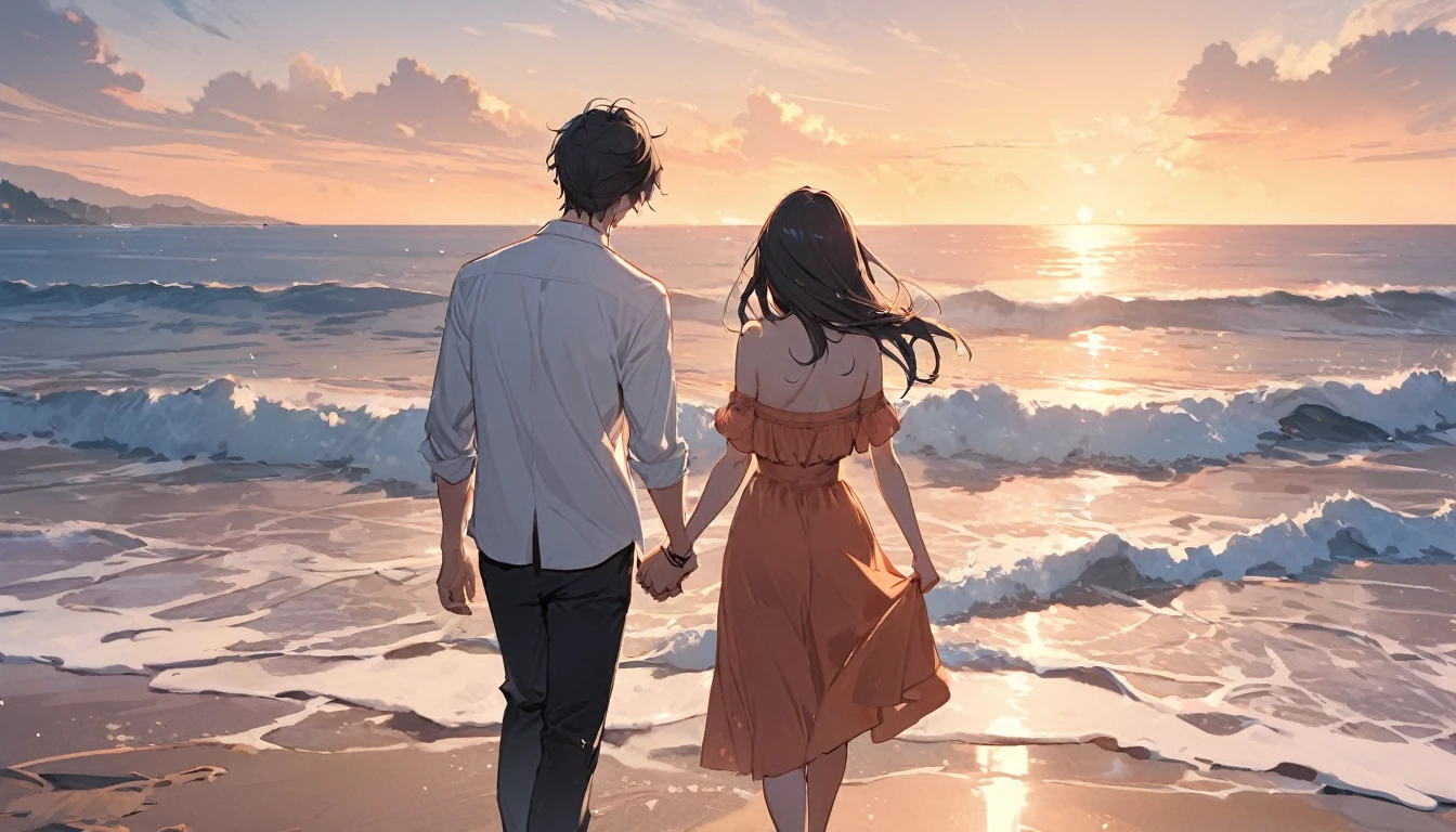 (Highest quality),Couple,Holding hands,I can see your face,beach