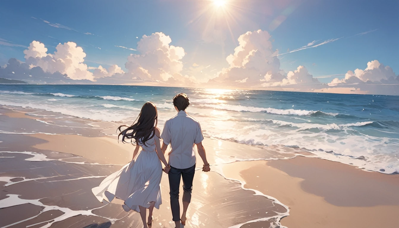 (Highest quality),Couple,Holding hands,I can see your face,beach