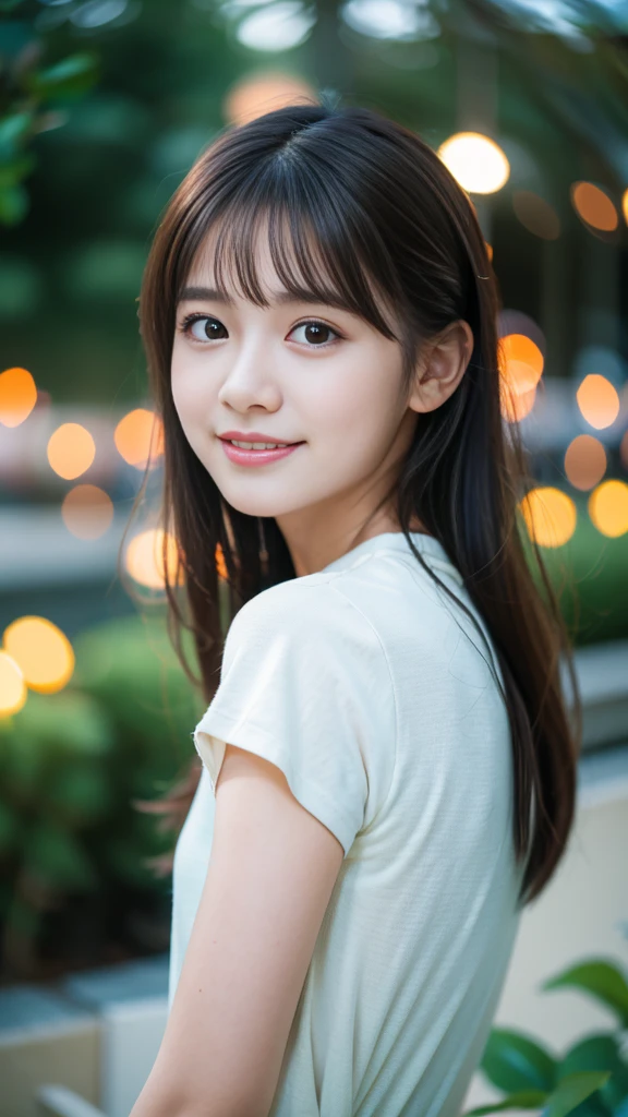 (8k, RAW Photos, Highest quality, masterpiece:1.3), (Realistic, photo-Realistic:1.4), (非常に詳細な8k壁紙), Sharp focus, Written boundary depth,
Japanese Idols,very cute,(Baby Face),T-Shirts, Look at us and laugh, Upper Body, Highly detailed face and eyes,((Glowing Skin:1.2)), Cinema Lighting, Soft Light, Blur the background, Bokeh,(garden, Modern, stylish, Glass Wall, Open space:1.2)