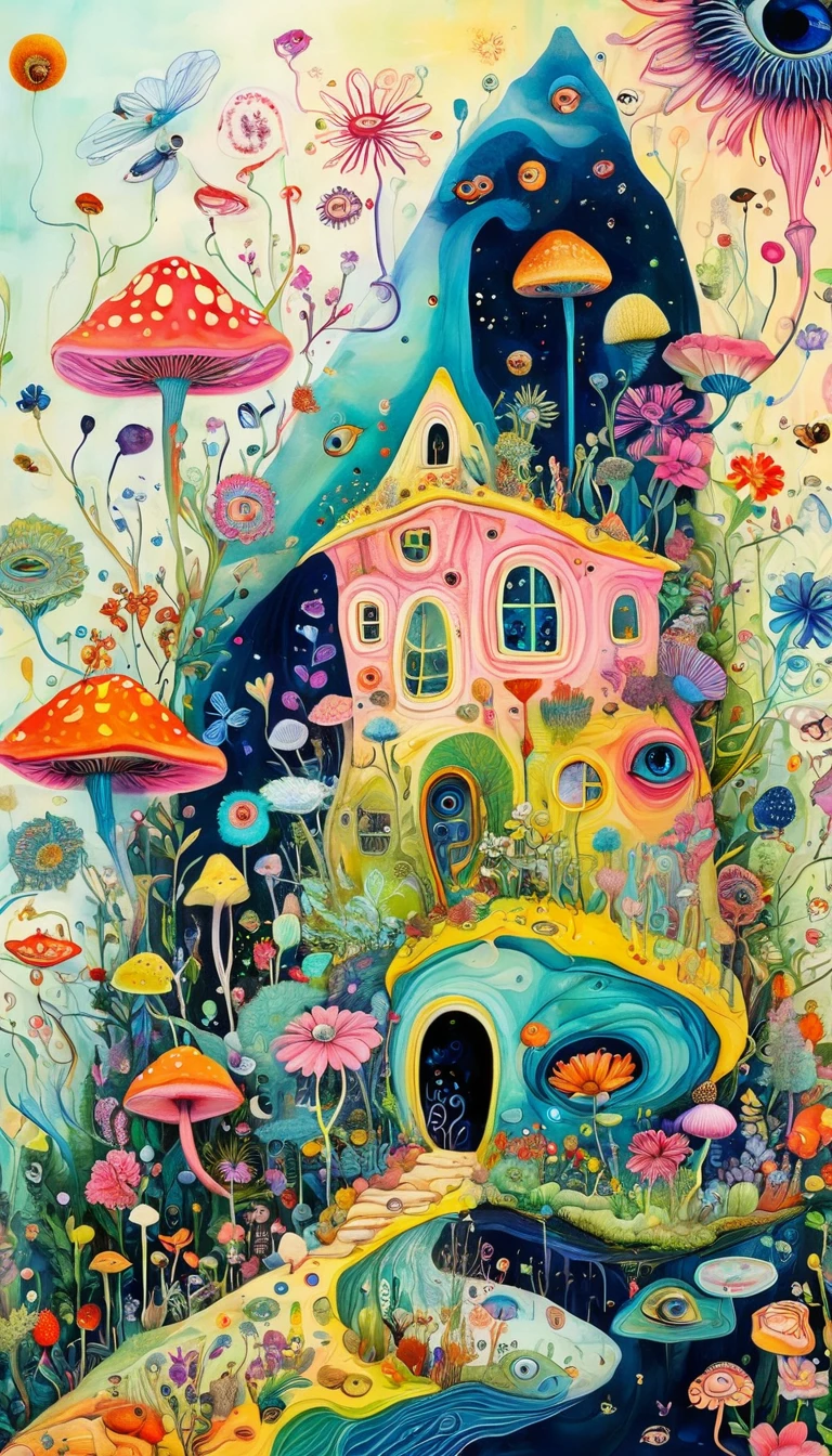 Intense visual fusion of various elements,broto,microorganism、plantar、flower house、Eye、wild animal life,Stitching an abstract painting,Describing the inner world of autistic people,Sense of space,blank space,interesting,innocence,psychedelic art,Elegant and soft color scheme