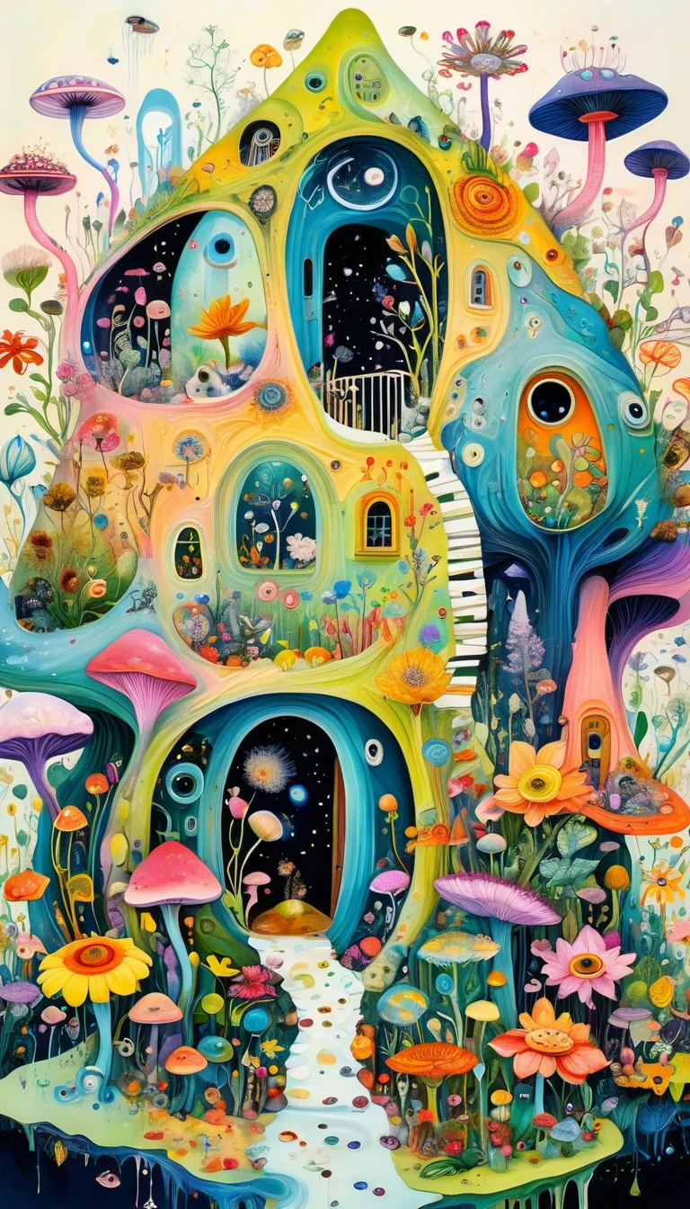 Intense visual fusion of various elements,broto,microorganism、plantar、flower house、Eye、wild animal life,Stitching an abstract painting,Describing the inner world of autistic people,Sense of space,blank space,interesting,innocence,psychedelic art,Elegant and soft color scheme