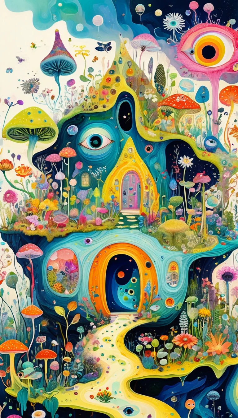 Intense visual fusion of various elements,broto,microorganism、plantar、flower house、Eye、wild animal life,Stitching an abstract painting,Describing the inner world of autistic people,Sense of space,blank space,interesting,innocence,psychedelic art,Elegant and soft color scheme