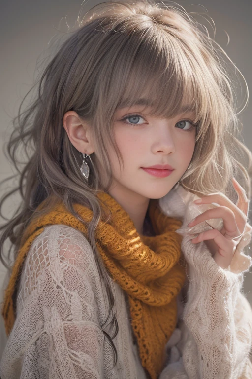 Sit on a chair、(Face close-up:1.3)、((A sly pose)),(RAW shooting), 35age、((A high-necked red knit sweater))、White scarf around neck、Long thin earrings、Round eyes、Cheek on ear、correct、make、smile、Biting the lower lip、Soft lips、誘惑的なsmile、Sparkle、Darker lipstick、Cheek on nose、(Autumn leaves)、((Watery eyes))、Asymmetrical Hair、Real Skin、Blonde Hair、Very realistic,Gray Hair、Messy Hair、Hair behind the ear、Floating Hair、Short Hair、Boyish Hair、Blunt bangs、Drop Shadow、Hyperrealism、Contemporary Art、shine、reflected light、Ultra Wide Angle、16K、Super detailed、最high quality、uhd、Anatomically correct、Awards、最high quality、Ultra high detail、high quality、High resolution、Textured skin、correct、masterpiece、((Cold Pose:1))、(((Shoot from different distances and angles:1.5)))、Super close-up of the face