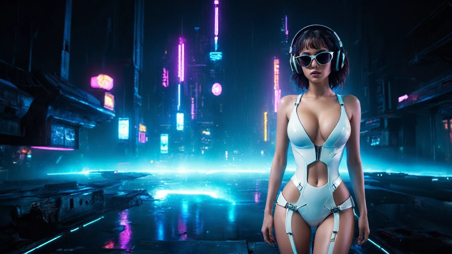 (aerial view, a flying cars docking platform, a very dark abandoned futuristic city, neon lights), rainy night. 1girl, solo, alone, large-breast:1.2 slim body, cleavage:1.1, sexy wind blowing wet dress:1.4, (headphone, black sunglasses), (((((she raised:1.8 a pistol:1.8 and took aim at viewer))))), dynamic pose, (((half-body thigh level medium shot))), cinematic lighting, lens flare, ray tracing.
