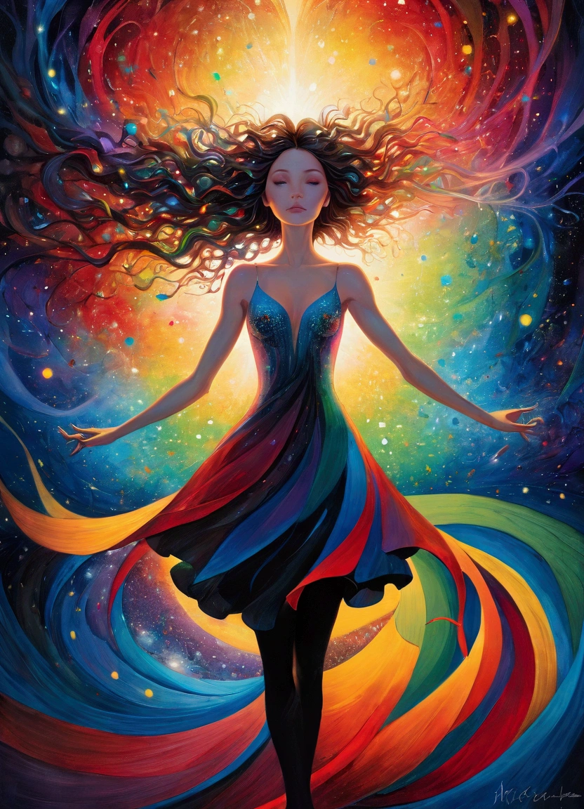 (masterpiece), (best quality), (Super Detail),(Abstract Art:1.2), (style of Anato Finnstark:1.3), Abstract painting of a woman, A symphony of rainbow colors blending and transforming seamlessly, portrait, The energy swirling pattern engulfed her, Her expression was firm and calm., An overall feeling of transcendence and exploration, Swallowed by the darkness within, (The empty eye of the universe is watching her), Perfect lighting, Perfect Shadow
