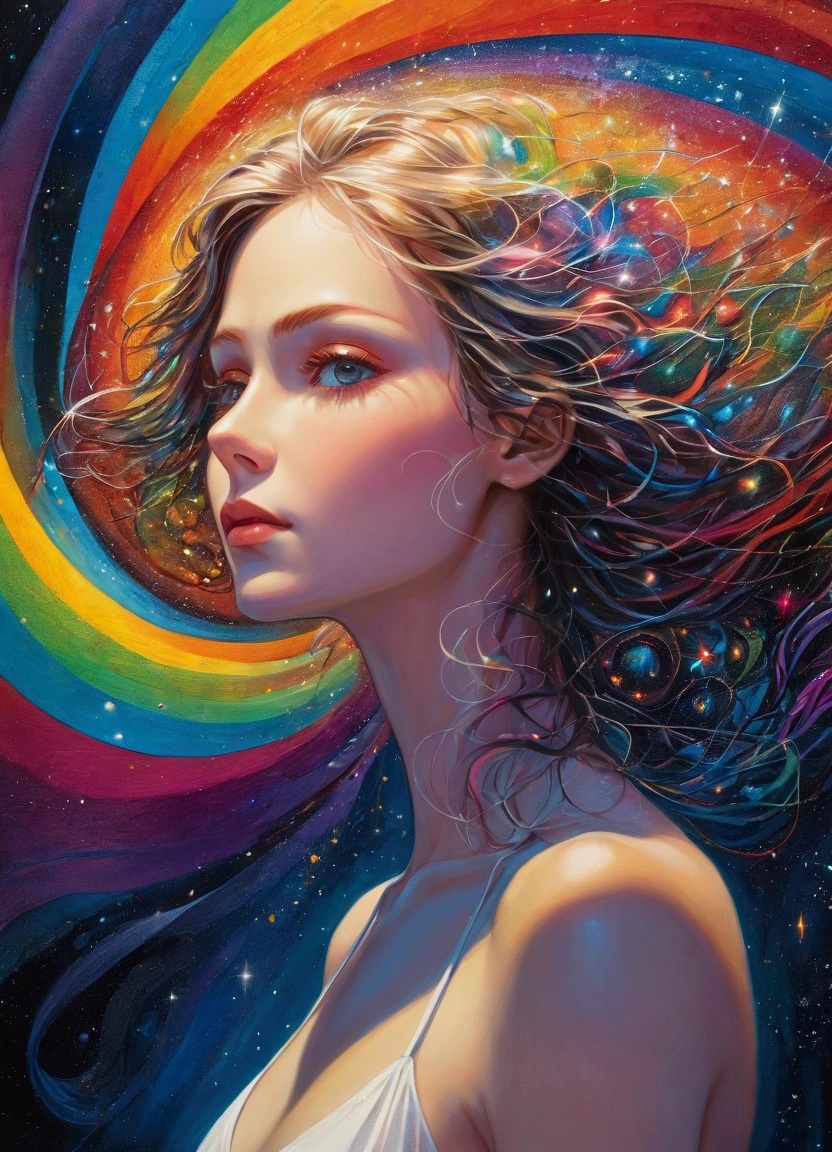 (masterpiece), (best quality), (Super Detail),(Abstract Art:1.2), (style of Anato Finnstark:1.3), Abstract painting of a woman, A symphony of rainbow colors blending and transforming seamlessly, portrait, The energy swirling pattern engulfed her, Her expression was firm and calm., An overall feeling of transcendence and exploration, Swallowed by the darkness within, (The empty eye of the universe is watching her), Perfect lighting, Perfect Shadow