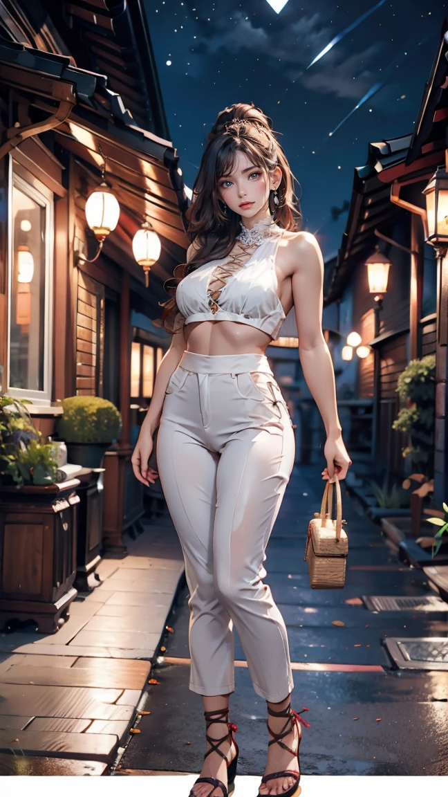 masterpiece, Beautiful Goddess of the Void, Full body white transparent clothing standing under the stars at night in the sky, Disappearing Transparent Pants, Full body standing, Tall figures, Thin legs, Facial details, Body parts details, 8k wallpaper、24-year-old female、Sexy proportions、Sexy、Textured skin((textured skin))、Narrow waist、Long eyelashes、bottomless、topless、Lace-up sandals、smile