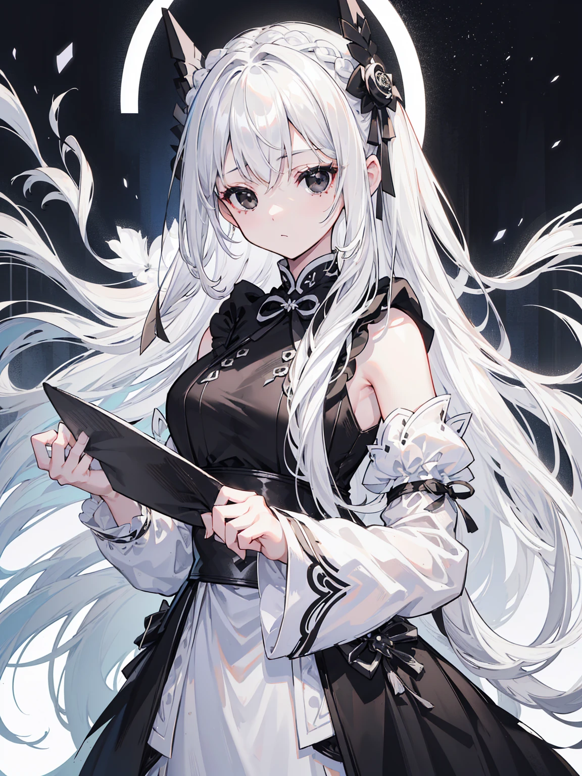 (Top image quality)、(Very detailed)、(Facing forward)、Top quality、masterpiece、(((1 girl )))、Silver Hair、White hair、((Long hair))、Weaving、(black eyes:1.6)、(White and black cheongsam)、Hooded dress、Lots of decorations、Lots of ribbons、White Ribbon、ruthless、Fluffy loose hair