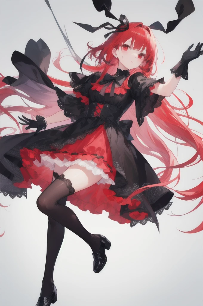 red hair, no bangs, long straight hair, red eyes, Red frilly dress with black trim, black gloves and shoes, big black ribbon above head