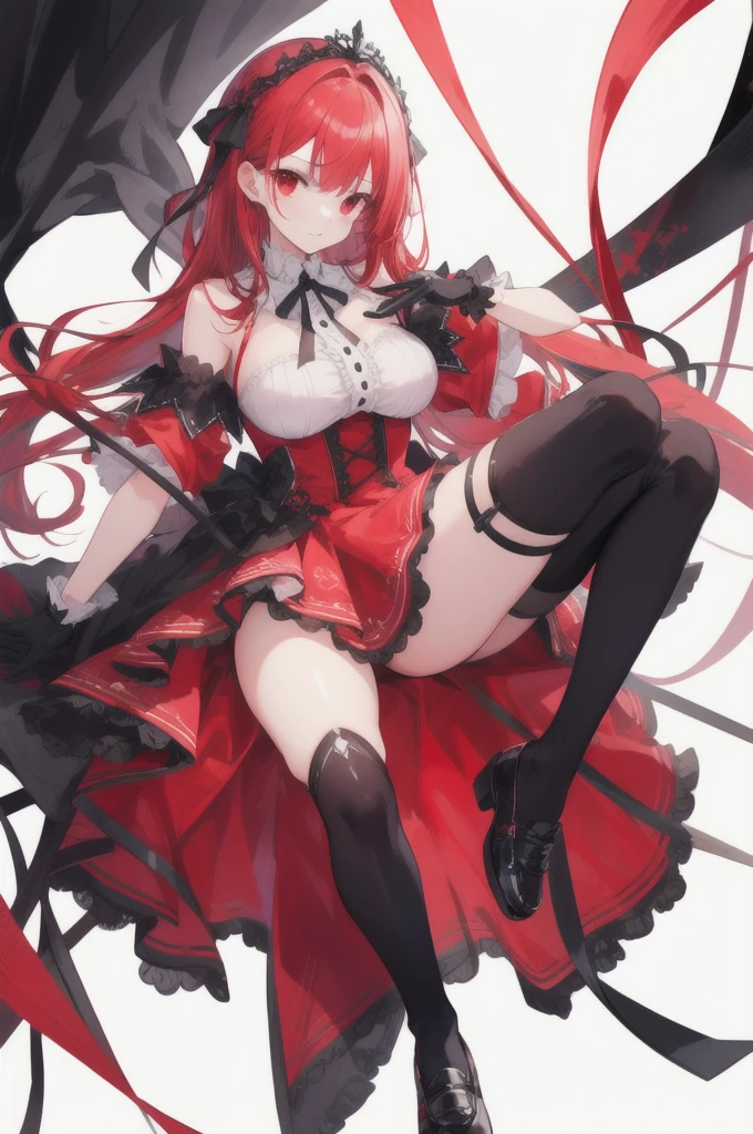 red hair, no bangs, long straight hair, red eyes, Red frilly dress with black trim, black gloves and shoes, big black ribbon above head