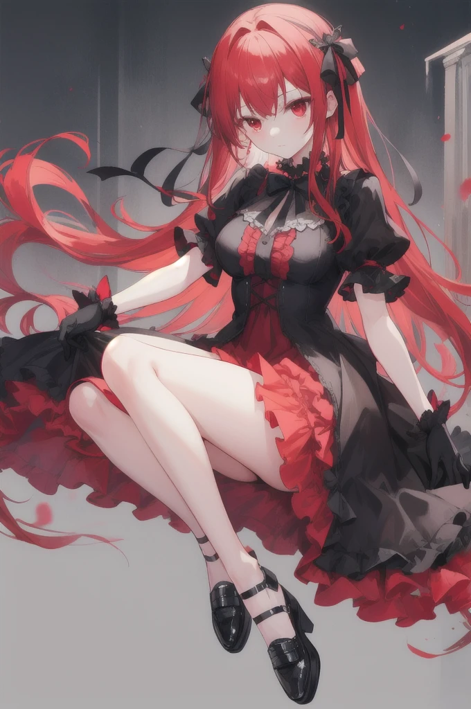 red hair, no bangs, long straight hair, red eyes, Red frilly dress with black trim, black gloves and shoes, big black ribbon above head