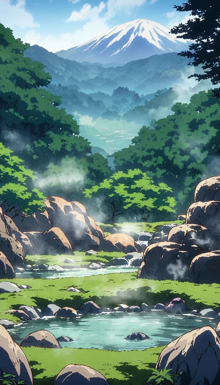 ((Ghibli anime style)), a relaxing hot spring surrounded by natural rocks and lush greenery. Steam rises gently from the baths, and you can enjoy the view of the distant mountains in the background.