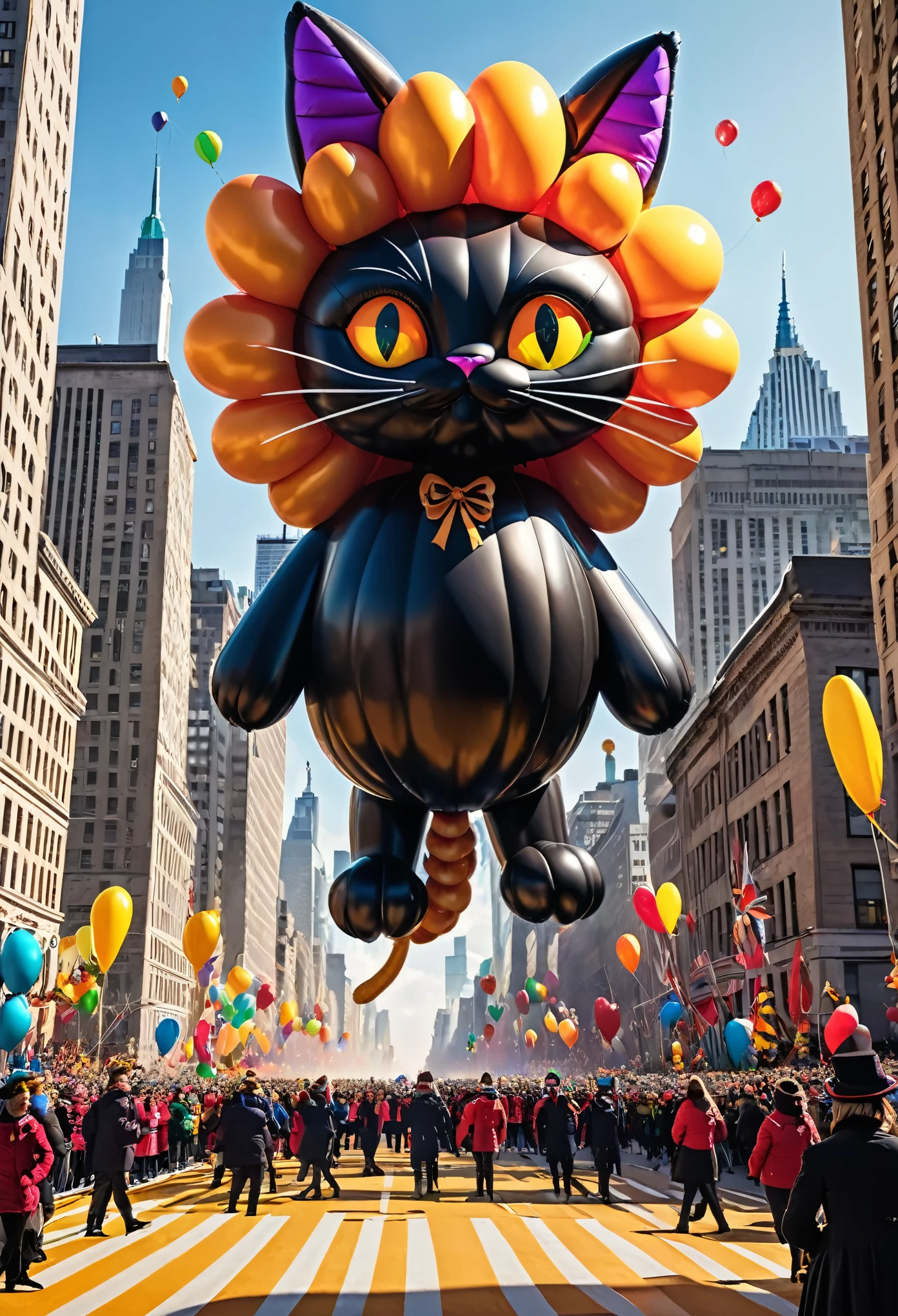 The Thanksgiving day parade sees a giant balloon cat with glowing eyes, full body, hyperdetailed photography, awardwinning, masterpiece,epic,trending on artstation,raw photo, floating over the city,