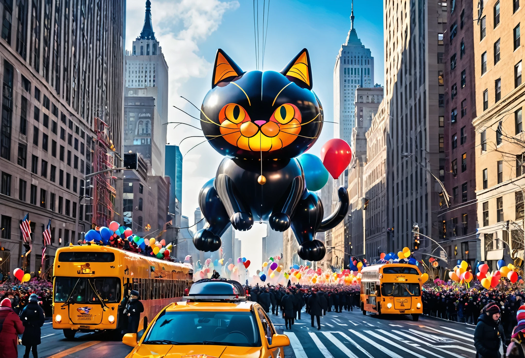 The Thanksgiving day parade sees a giant balloon cat with glowing eyes, full body, hyperdetailed photography, awardwinning, masterpiece,epic,trending on artstation,raw photo, floating over the city,