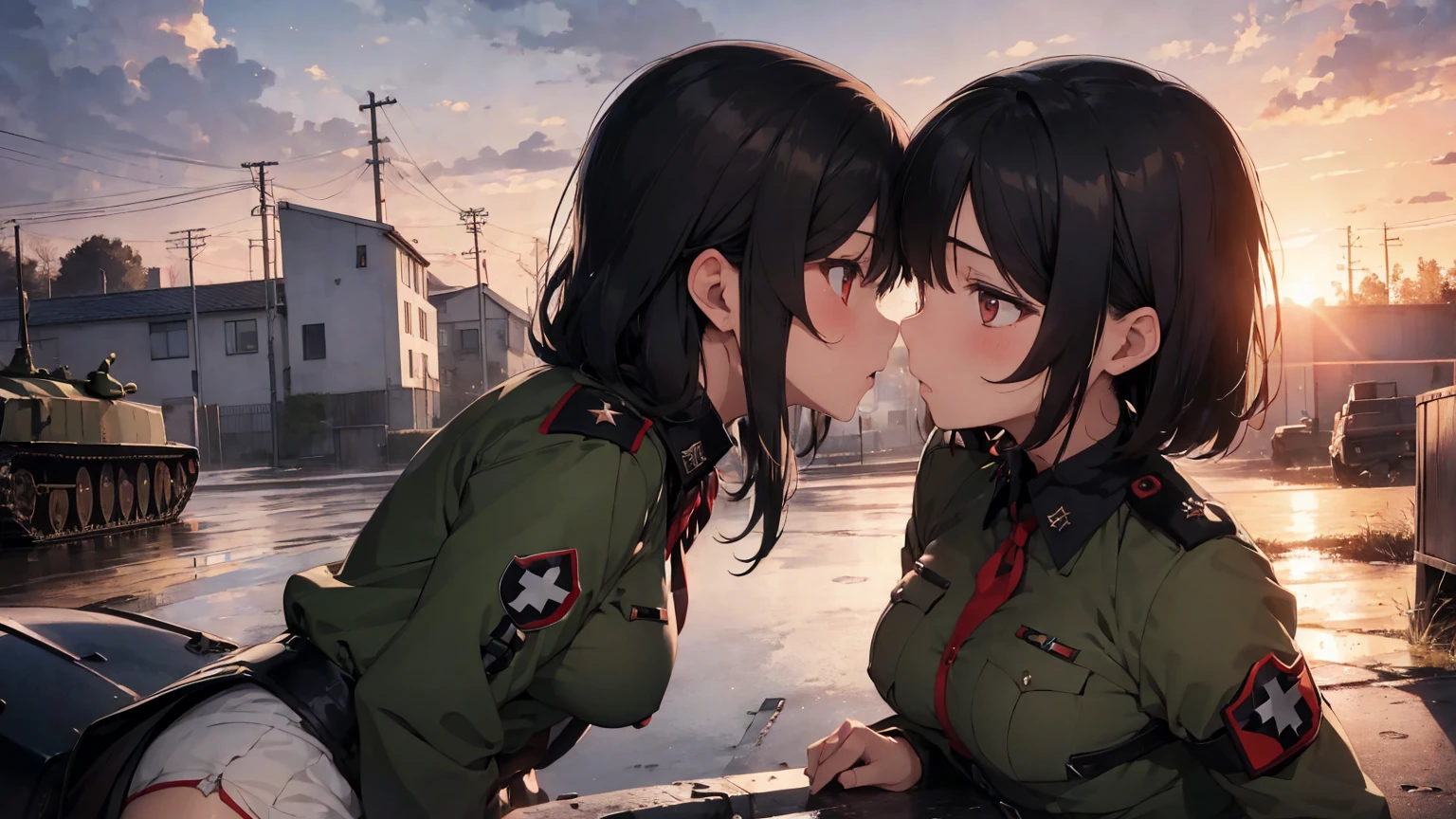  Gestapo uniform, female lesbian  kawaii sisters kissing passionately with T-54 military tank. wearing Luftwaffe uniforms. 8k. masterpiece. best quality. best artwork. lingerie. Swastika insignia red armband. bare breasts. sunset. rain
