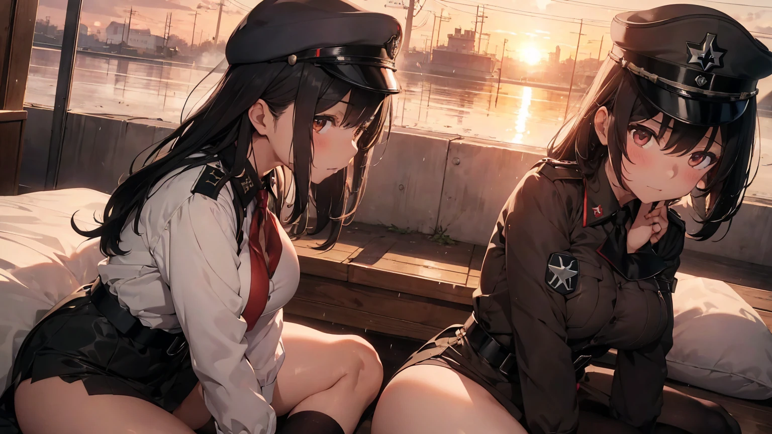 Gestapo uniform, female lesbian kawaii sisters kissing passionately with T-54 military tank. wearing Luftwaffe uniforms. 8k. masterpiece. best quality. best artwork. lingerie. Swastika insignia red armband. bare breasts. sunset. rain