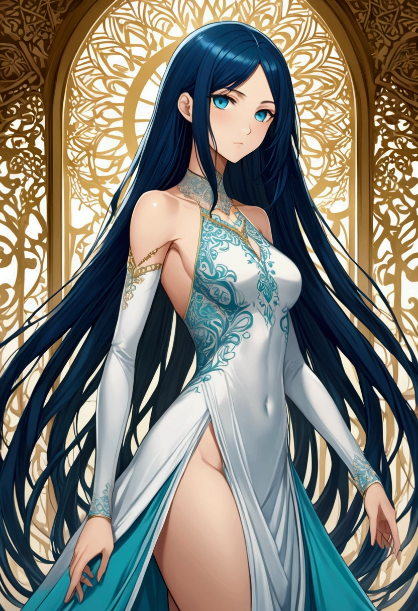 Anime girl with long dark blue hair and turquoise eyes, slender and athletic body type,Her physique is lean and toned,wearing an elegant dress