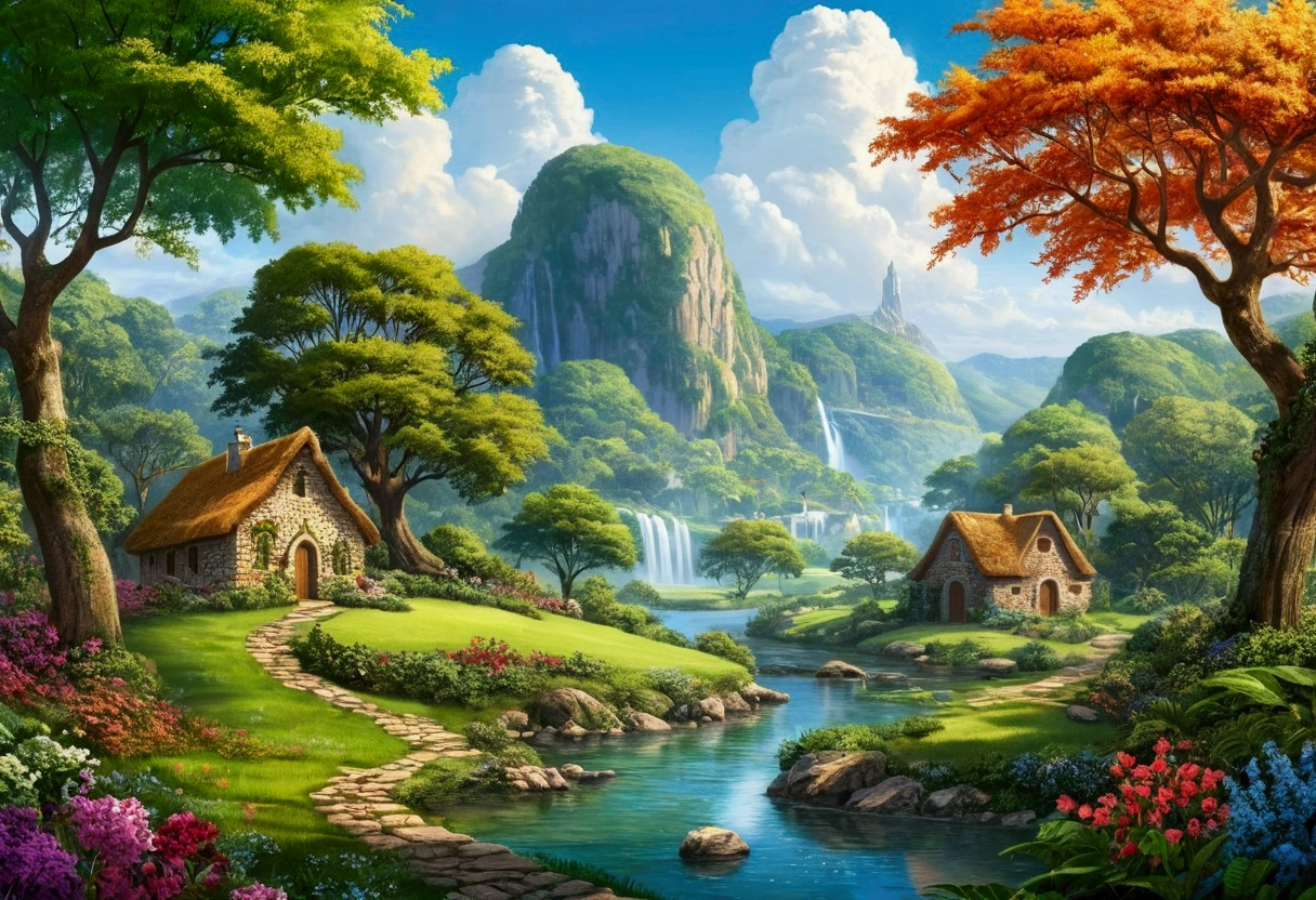Draw a depiction of Eden, the perfect paradise where Adam and Eve would live in communion with God and nature, Immersed in the Beauty and Harmony of Divine Creation. Depict this idyllic place where God's presence radiates love and care, while the characters enjoy the divine closeness and abundance of nature."