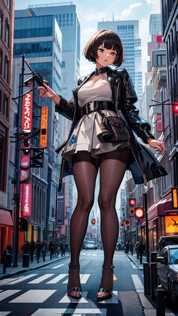 highly detailed, short hair, giant woman bigger than a skyscraper, black pantyhose, her shoes are high heels, stilettos, tiny metropolis, trying to destroy a miniature metropolis, full body depiction, nffsw, black pantyhose, stomping city, crush city, small town, micro city,