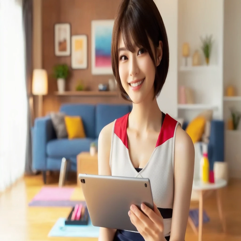 masterpiece, realistic, photorealistic, best quality, beautiful detailed, natural lighting, sharp focus, depth of field, slim body, abs:1.2, cleavage, best quality real texture skin, Detailed beautiful delicate face and eyes, beautiful Japanese young woman, eyes open, looking at viewer, best quality real texture skin, Detailed beautiful delicate face and eyes, double eyelid, smile:1.2, white teeth:1.2, very short straight brown hair,