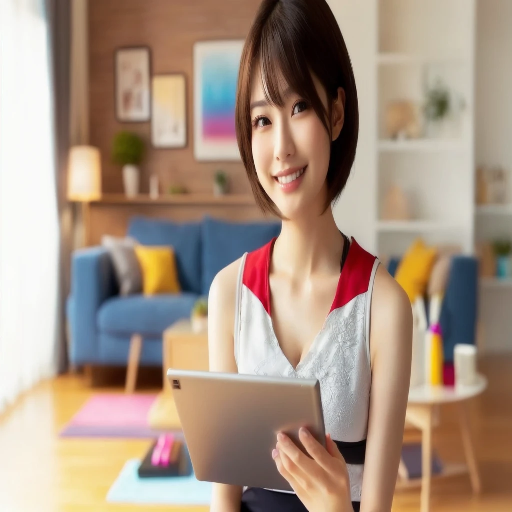 masterpiece, realistic, photorealistic, best quality, beautiful detailed, natural lighting, sharp focus, depth of field, slim body, abs:1.2, cleavage, best quality real texture skin, Detailed beautiful delicate face and eyes, beautiful Japanese young woman, eyes open, looking at viewer, best quality real texture skin, Detailed beautiful delicate face and eyes, double eyelid, smile:1.2, white teeth:1.2, very short straight brown hair, 