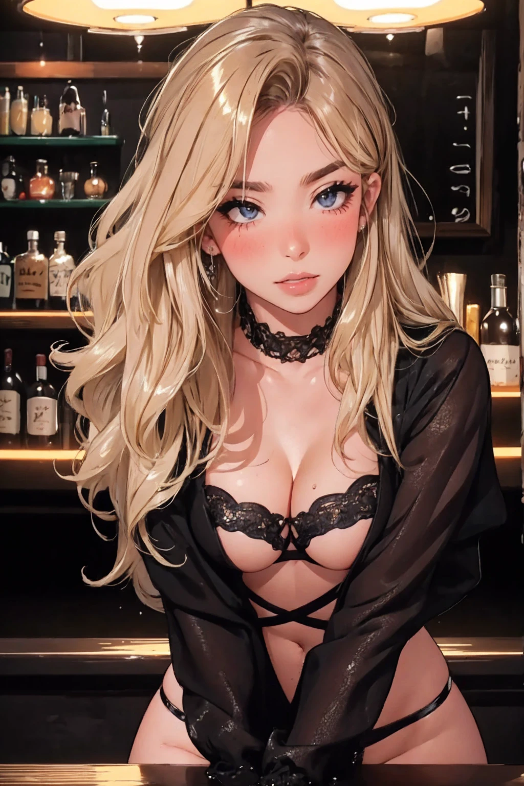 girl at a nightclub sitting at bar, eyeliner (masterpiece) (best quality) (detailed) (8k) (HDR) (wallpaper) (cinematic lighting) (sharp focus) (intricate) wavy blonde hair, biting lip, medium hair, slutty outfit, sexy, blush, aroused, cleavage, shiny , wet skin, girl, dark makeup, acting flirty, tucking hair behind ear