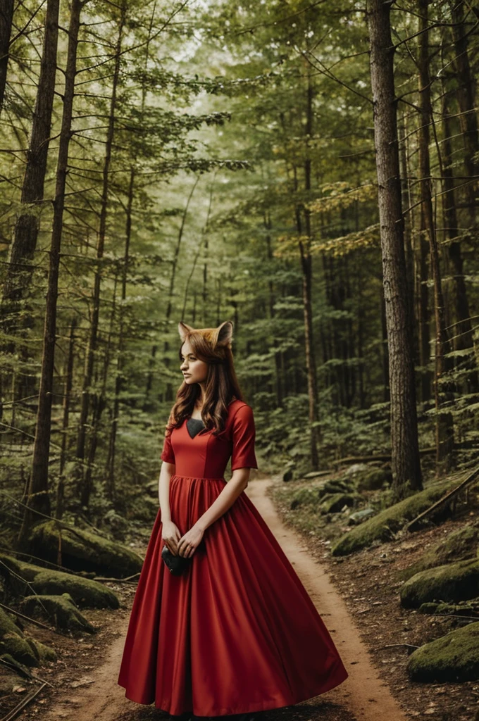Illustration of a girl with a fox, on the edge of the forest, in a red dress.