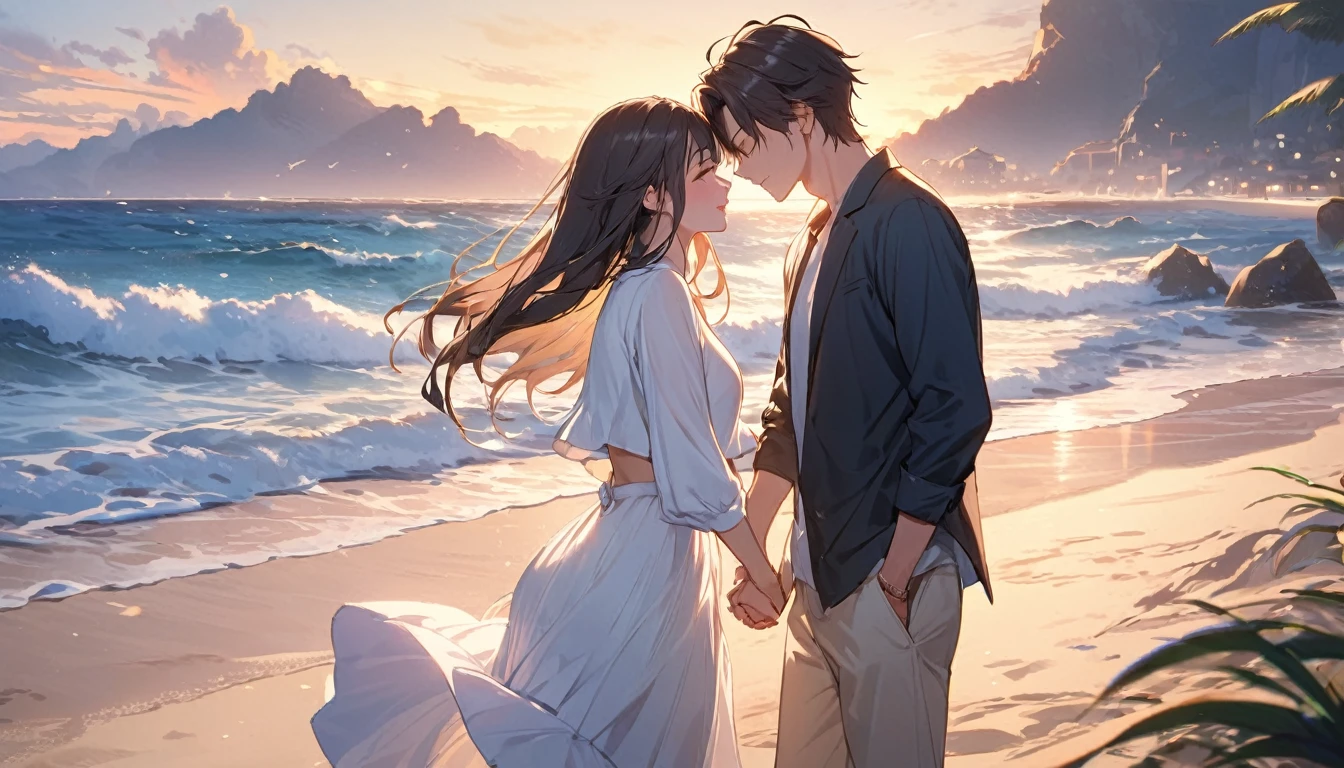 (Highest quality),Couple,Holding hands,Face to face,beach