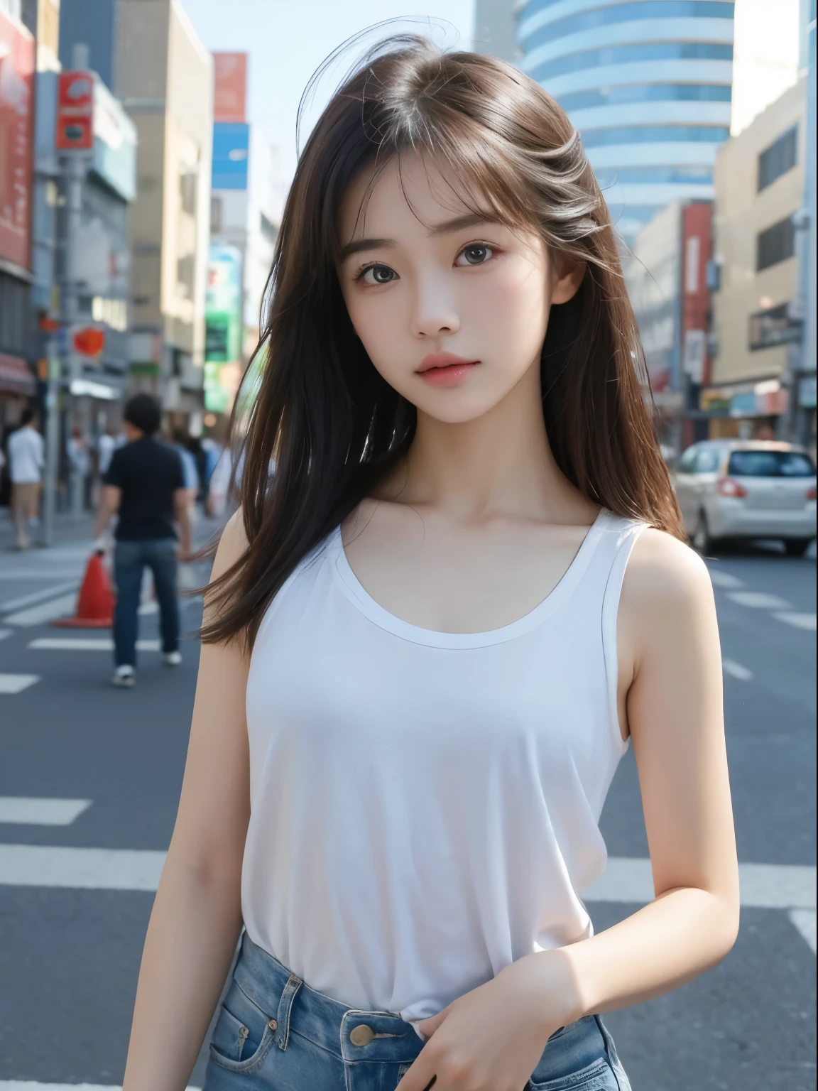 (8k, Top quality, Masterpiece:1.2), (Realistic, photo-realistic:1.37), Super detailed, perfect anatomy, cute, small eyes, a Japanese, girl, 18 years old, cityscape, in summer,