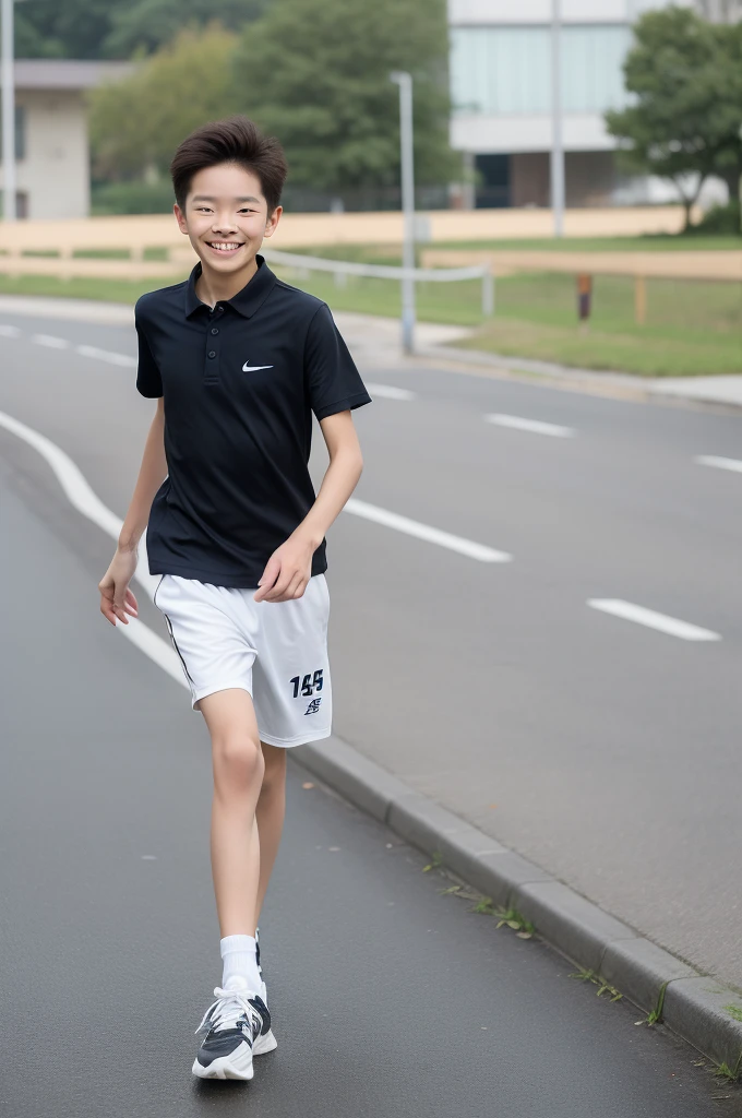 12-year-old boy,Smile,Spread your white and slender legs,jogging,full body,8K五官精致,Handsome boyish feeling,8K,masterpiece,((best quality)),photography,