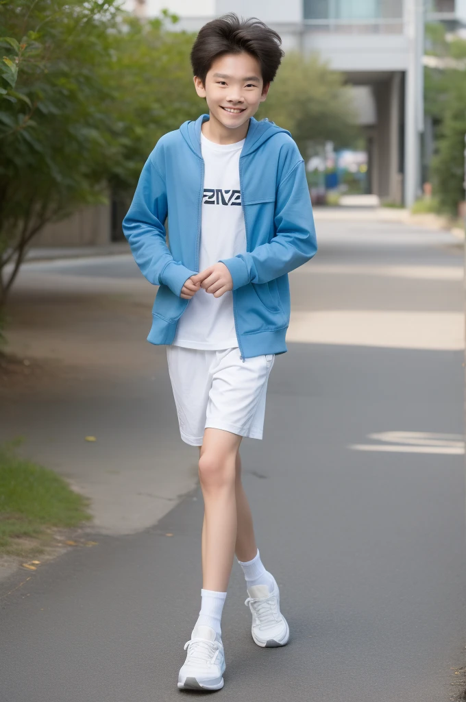 12-year-old boy,Smile,Spread your white and slender legs,jogging,full body,8K facial features are exquisite,Handsome boyish feeling,8k,masterpiece,((best quality)),photography,
