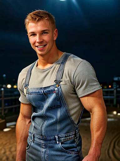 high quality, a photograph of a young athletic man wearing blue denim work coveralls and a sweat-dampened gray t-shirt in a dimly-lit urban setting with soft-focus streetlights behind him, broad radiant smile illuminating his youthful inviting face, medium-length sandy blond hair styled loosely and slightly wet, detailed, realistic, fine textural details